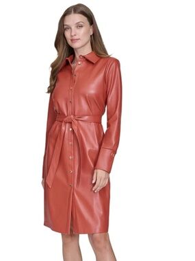 Halston Faux-Leather Tie-Waist Shirtdress